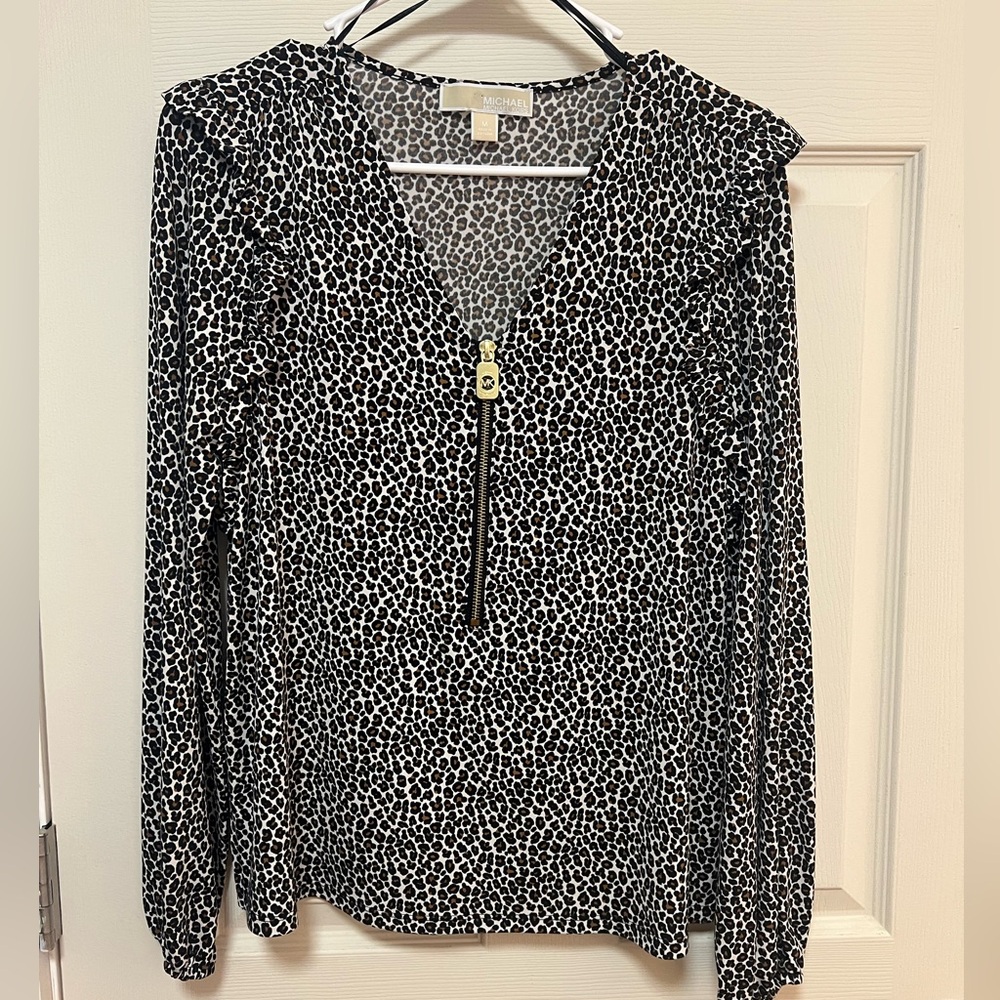 Michael Kors Black & White Leopard Zip-Front Ruffle Shoulder Blouse